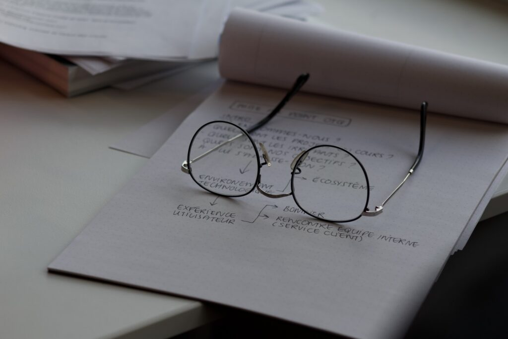 A pair of spectacles on a notepad to accompany Delia Lloyd's article on managing your workload.