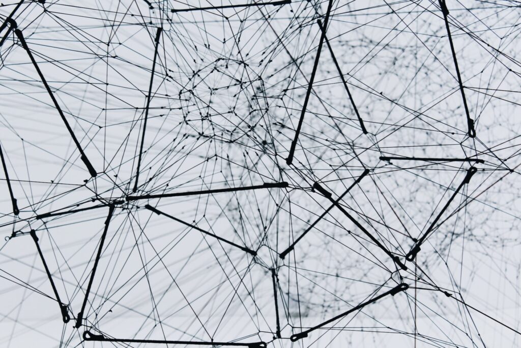 The power of networks. Image of a complex web of connections in black and white